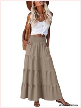 100% Polyester Maxi Skirt, Elastic High Waist A-Line Tiered, Long Flowy Boho